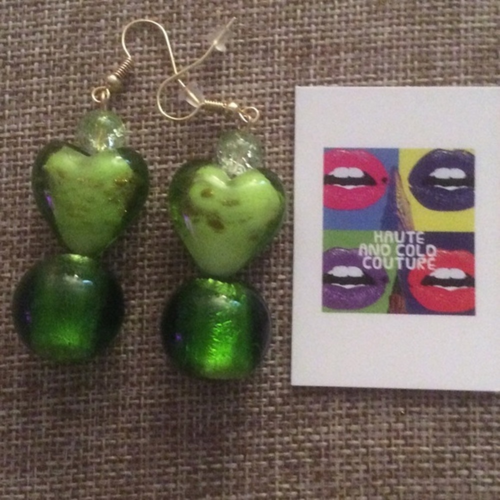 Handmade Green Venetian Glass Heart Earrings